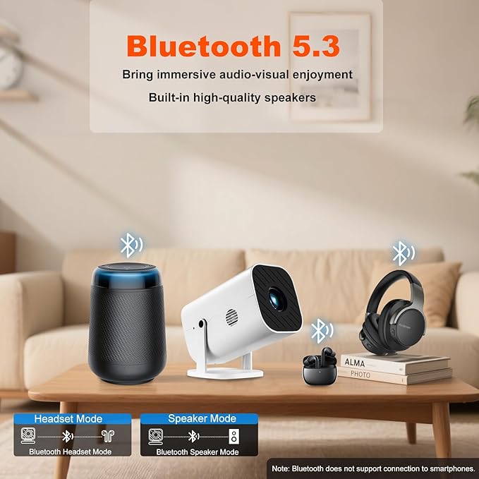 【Built-in APPS & Electric Focusing & Auto Keystone】Mini Projector With Wifi And Bluetooth, 1080P Portable Projector, Movie Projector for Bedroom, Supports Smartphones/TV Stick/iPad/PS5/Laptop/HDMI/USB