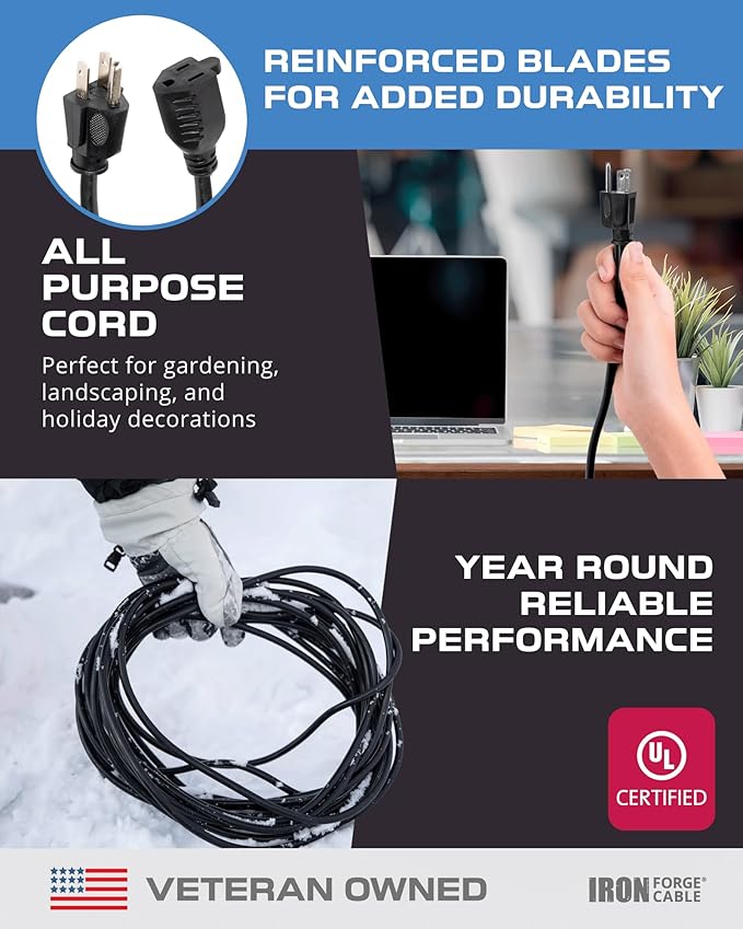 Iron Forge Cable 2 Pack 25 Ft Black Extension Cord, 16/3, 25 Foot Extension Cord, 3 Prong, Weatherproof - Great for Outside Use