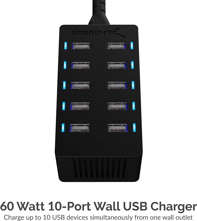 Sabrent 60 Watt (12 Amp) 10-Port [UL Certified] Family-Sized Desktop USB Rapid Charger. Smart USB Ports with Auto Detect Technology [Black] (AX-TPCS)