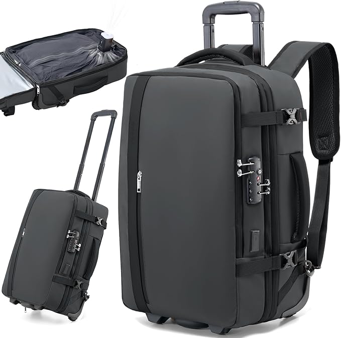 Fanwoli Vacuum Rolling Travel Backpack, Carry On Luggage with TSA Lock & Anti Theft Zipper, 70L Expandable Airback with Compression Pump, Waterproof Laptop Bag Ideal for Flight & Business,Black