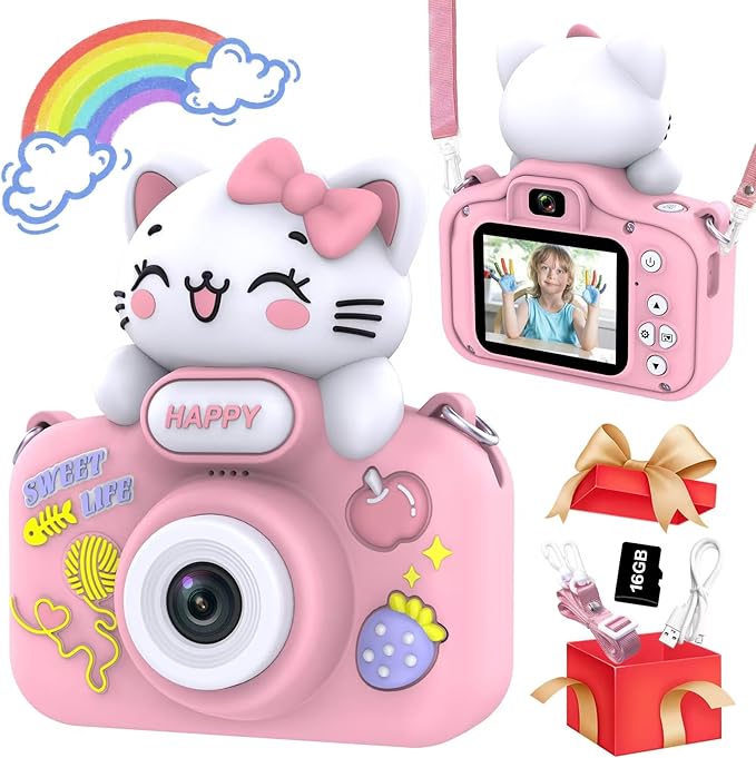Kids Digital Camera Toys for Girls Ages 3-8, Children Video Camera with Protective Silicone Cover, Birthday Gifts for 3 4 5 6 7 8 Year Old Girls with 16GB SD Card