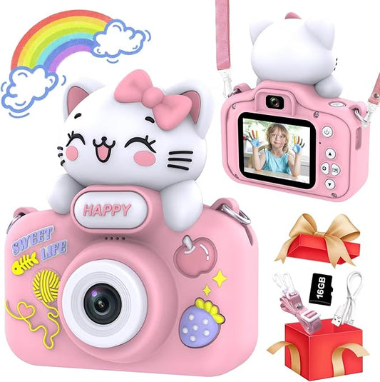 Kids Digital Camera Toys for Girls Ages 3-8, Children Video Camera with Protective Silicone Cover, Birthday Gifts for 3 4 5 6 7 8 Year Old Girls with 16GB SD Card