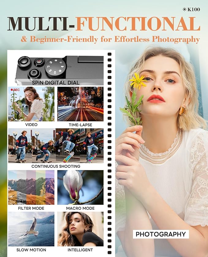 TURE 48MP 4K Digital Camera for Photography & YouTube Vlogging - 18X Zoom UHD Autofocus Video Camera with 3" 180° Flip Screen, 32GB SD Card & 2 Batteries - Compact Travel (Black)