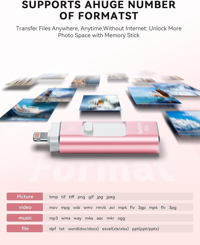 MFi Certified 512GB iPhone Flash Drive, Photo Stick Memory Stick for iPhone iPad, USB Thumb Drive for Photos Videos Transfer & Backup, External Storage Compatible for iPhone/Android/PC/Mac (Pink)