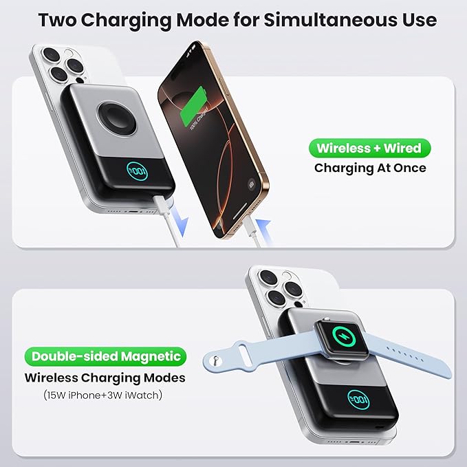 Magnetic Portable Charger for iPhone, 3-in-1 10800mAh Qi2 15W Wireless Power Bank with iWatch Charger,30W PD Fast Charging USB-C LCD Display Battery Pack for Magsafe,iPhone 16/15/14/13/12, Apple Watch