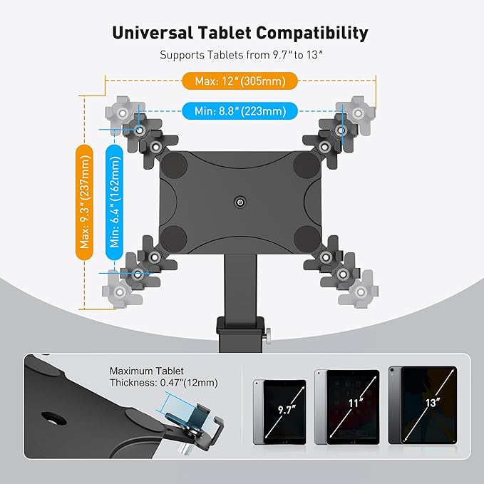 AboveTEK iPad Clamp Mount Desk, Adjustable Tablet Holder Clamp with 360° Rotation & 180° Tilt, Fits 9.7"-13" Tablets, Anti-Theft iPad Desk Stand, Heavy-Duty Aluminum Tablet Stand, Perfect for Work