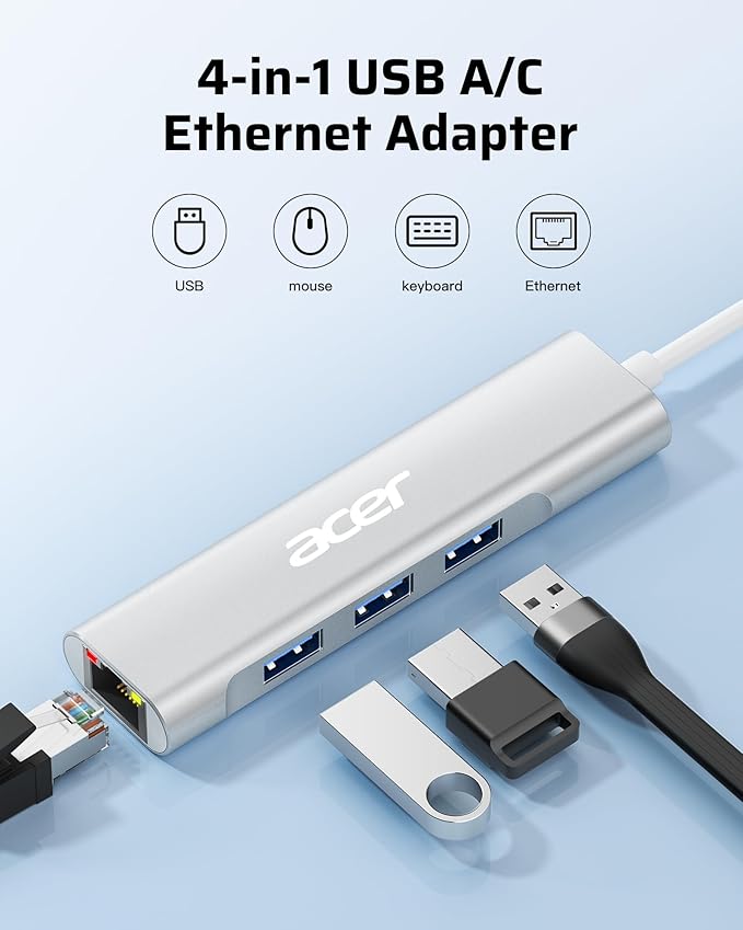 Acer USB C to Ethernet Adapter, 4-in-1 USB-A/C Hub with 3 USB-A 3.1 & 1Gbps RJ45 Networks, USB-C to LAN Adapter for MacBook Pro Air, Surface, Chromebook, Acer, Laptop, and More