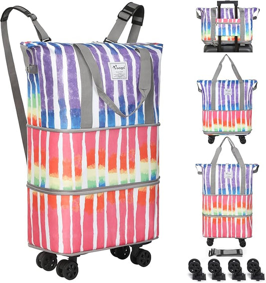 VOOWO Rolling Duffel Bag - Foldable Expandable Duffle With Wheels for Travel, Luggage Carry On, Large Backpack Weekend Bag for Men Women (Rainbow)