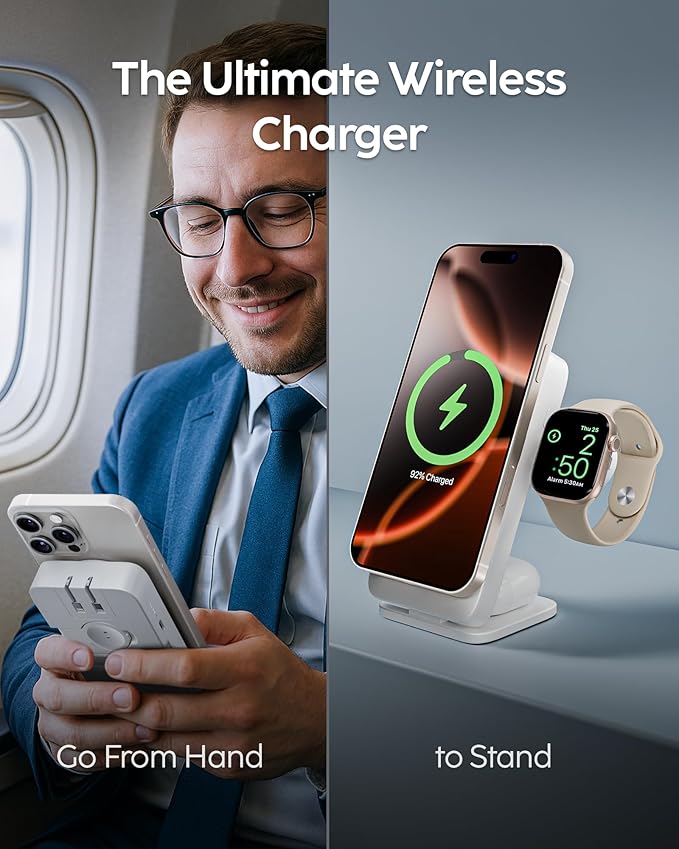 myCharge EcoHub 3 in 1 Apple Charging Station & Magsafe Battery Pack | Wireless Charger for iPhone, iWatch, AirPods | Magnetic Portable Charger with Wall Plug | Travel-Ready & Foldable