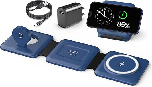 Charging Station for Apple Devices - 3 in 1 Magnetic Foldable Wireless Charger Dock - Travel Charging Pad for MagSafe iPhone 16 15 14 13 12 Pro Max Plus Watch & Airpods