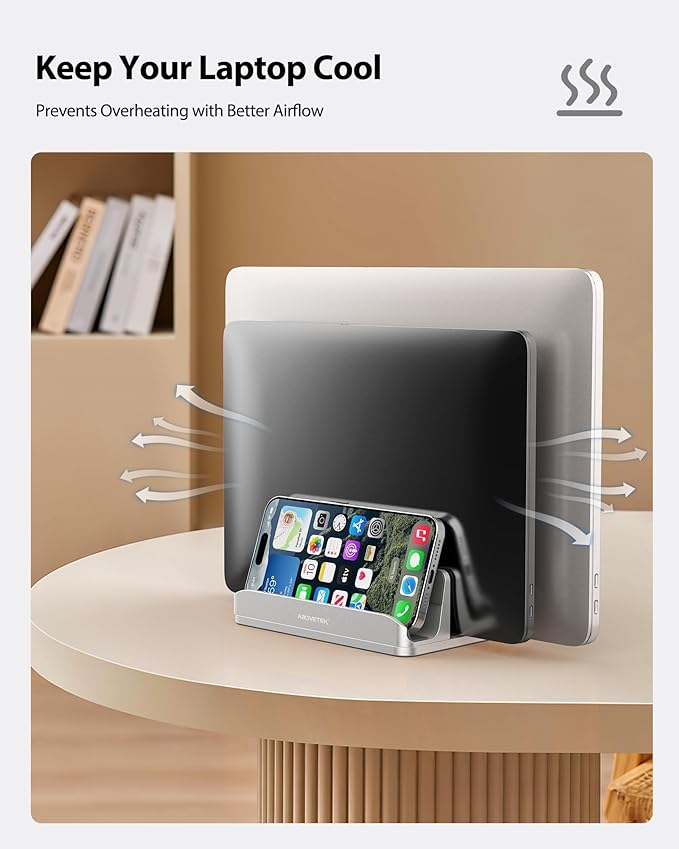 AboveTEK Vertical Laptop Stand, 3 Slots Aluminum Desk Laptop Holder & Laptop Docking Station Stand for MacBook, Tablet, Phone - Universal Fit (Up to 17.3") - Heavy Duty Polished, Anti Slide - Silver