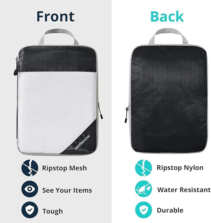 7 Set Compression Packing Cubes for Travel - Compressible, Lightweight, and Space-Saving Packing Cubes, Travel Essentials for Women, Black