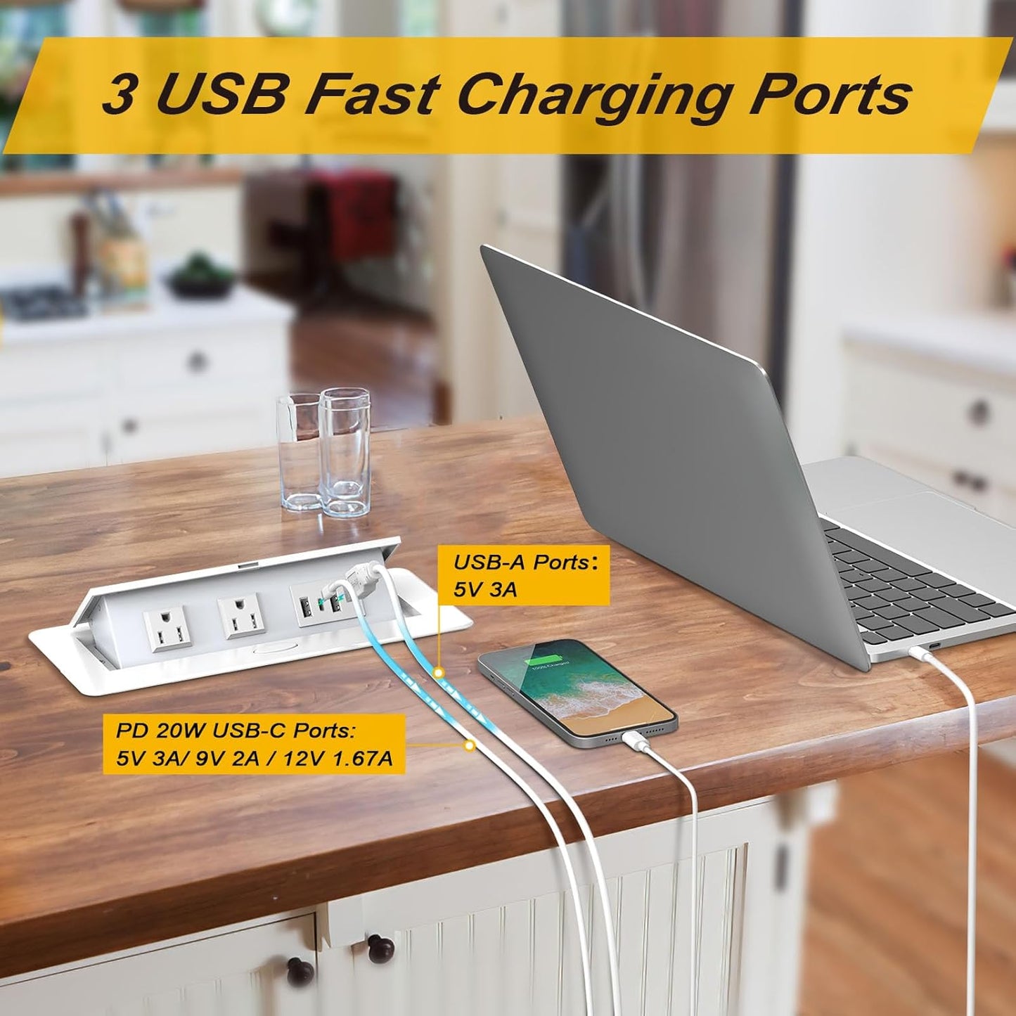 UL Listed Recessed Power Strip, Pop Up Power Cover Box Desktop Socket with USB C Charging Ports, Stainless Steel Receptacle Outlet for Conference Room Countertop (White-USB C)