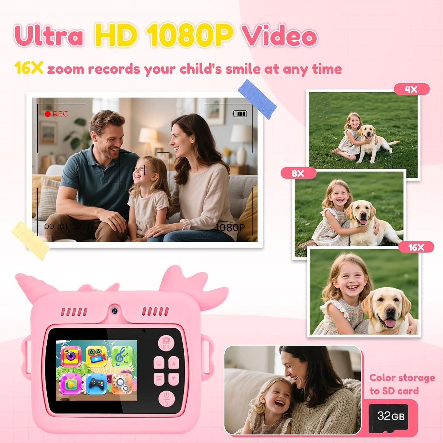 OTJ Kids Camera Instant Print - Selfie Children Digital Camera Toy That Print Photos Christmas Birthday Gifts for Ages 3-12, 4 5 6 7 8 9 10 Year Old Girls Toddler, Travel Portable Video Cameras