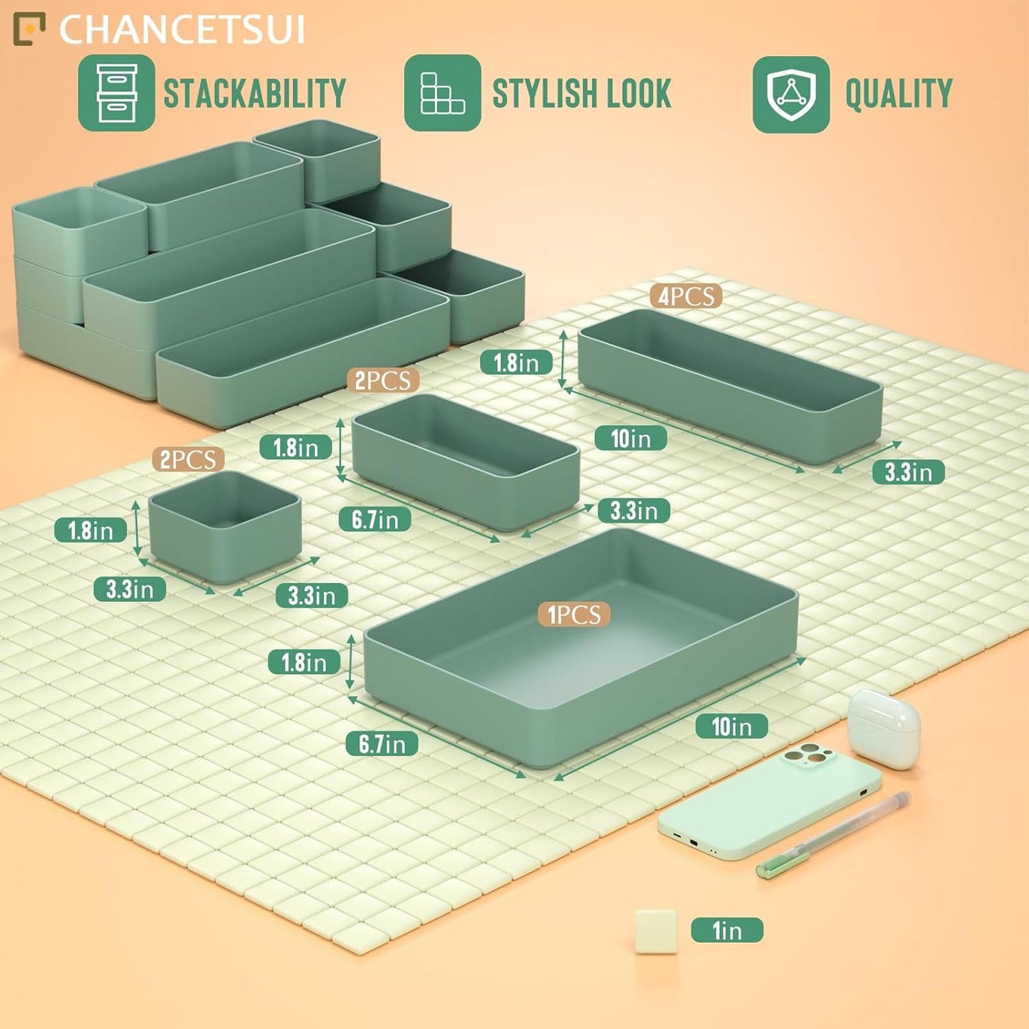CHANCETSUI 9 Pcs Stackable Drawer Organizer Trays Set, Green, Multifunctional Storage for Vanity, Bathroom, Kitchen, Desk Drawer Organizer Office, PET Plastic