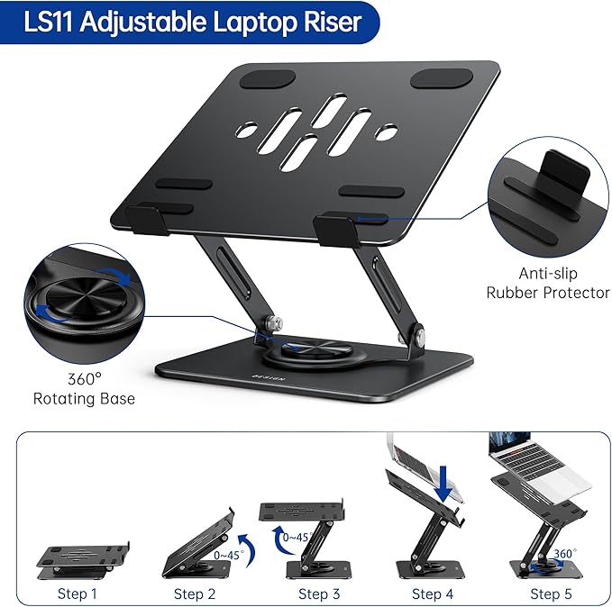 BESIGN LS11 Laptop Stand with 360° Rotating Base, Ergonomic Adjustable Notebook Holder, Riser Holder Computer Stand Compatible with Air, Pro, Dell, HP, Lenovo More 10-14" Laptops (Black)