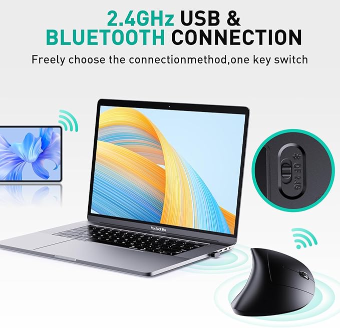 Bluetooth and 2.4G (2-in-1) Rechargeable Wireless Mouse, Ergonomic Vertical Design, 1000/1200/1600 DPI, 6 Silent Buttons, for Laptop, Computer, PC, MacBook, Chromebook-Black