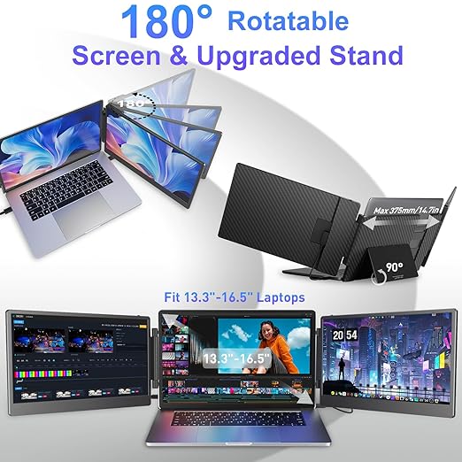 Maxfree Laptop Screen Extender, 14" FHD 1080P Triple Monitor for 13.3"-16.5" Laptop with Stand, HDMI/USB-C, Plug & Play, Built-in Speakers, Monitor Extender for Wins, MacOS, Android, Ps4/5, Phone