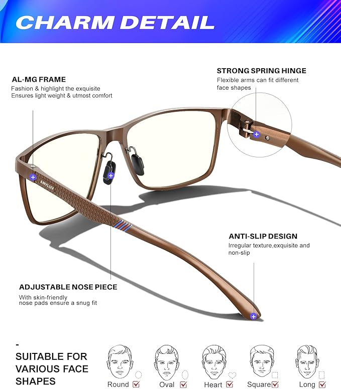 ANYLUV Blue Light Glasses Men, Relieve Eyestrain and Eye Protection, Al-Mg Metal Computer Blue Light Blocking Glasses