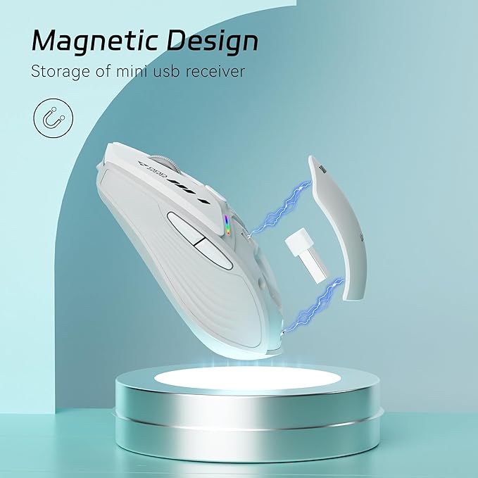 Uciefy V19 Wireless Mouse, 2.4GHz Rechargeable Mouse LED with Battery Indicator, Magnetic Computer Mice with USB Receiver & Type-C Adapter for Laptop/PC/Mac/Chromebook-White