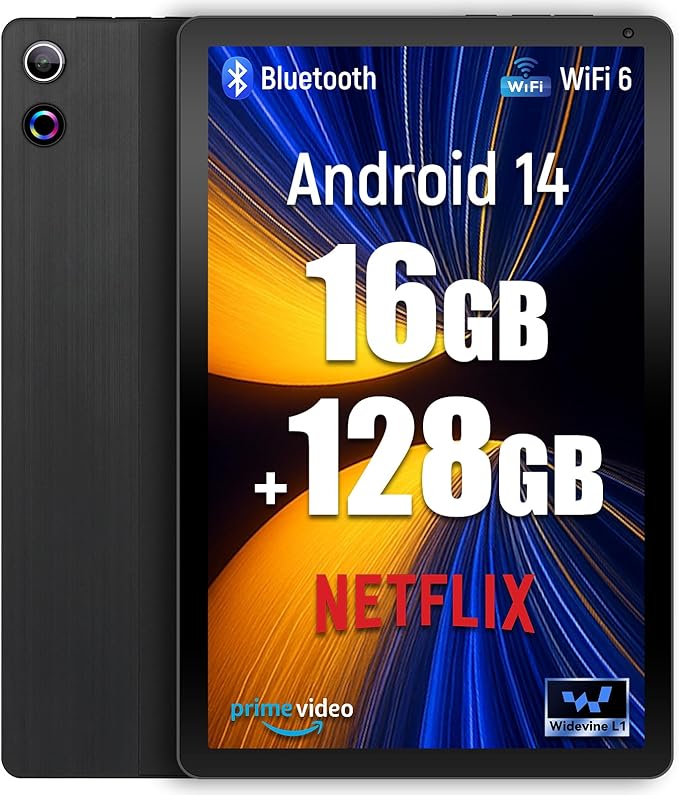 Tablet, 10.4 inch Android 14 Tablet with 16GB RAM 128GB ROM 1TB TF Card Expandable Octa-Core, Widevine L1, 1280 * 800 HD Touchscreen, Face ID, Wi-Fi 6, Fast Charging