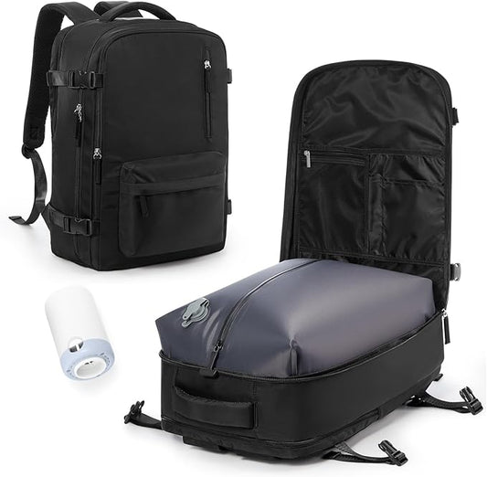 VECAVE Vacuum Backpack Travel with Pump for Women, Personal Item Carry on Backpacks Flight Approved for Men,Laptop Waterproof Work Compression bags Casual Daypack Black