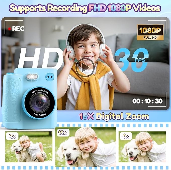 Gift for 3-12 Year Old Boys Girls: Kids Camera Digital Instant Print Dual HD Video Camera Toys for Kids Teen Boys Girls Ages 3 4 5 6 7 8 9 10 Birthday Christmas Valentines Gifts with 32G SD Card Blue