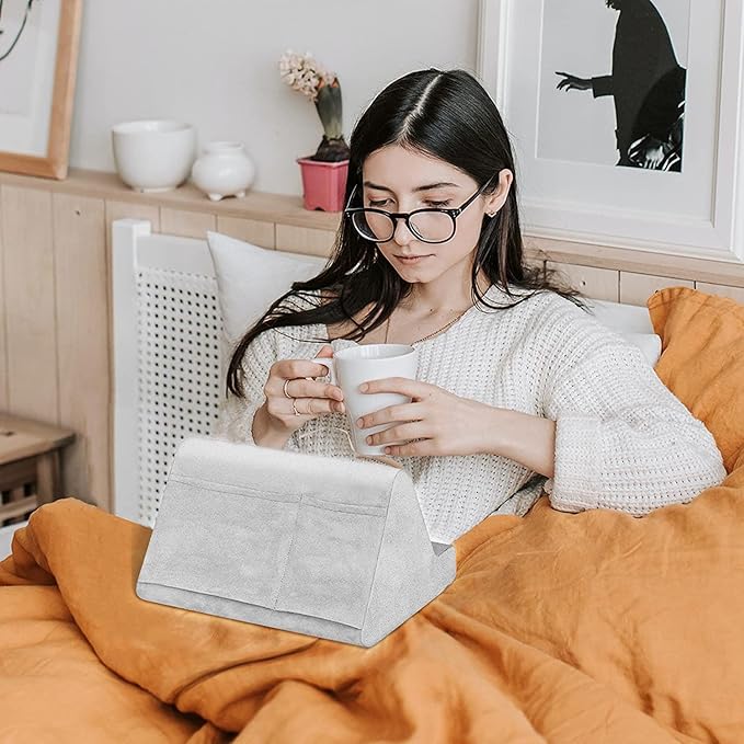 Soft Tablet Stand Pillow with Pocket,Tablet Cushion Stand,Adjustable 3 Viewing Angle,Lazy Holder Stand for Bed Sofa,Compatible with iPads Tablets eReaders Smartphones Books Magazines (Light Grey)…