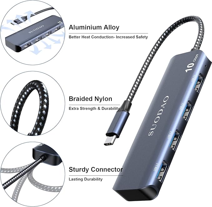 USB 3.1 Hub, SUODAO 10Gbps USB C to USB Hub, 4 Ports USB 3.1/3.2 Gen 2 Hub, SuperSpeed Aluminum Type C to 4 10Gbps USB 3.2 Ports for Laptop, MacBook, Tablet, PC, and More USB C Devices