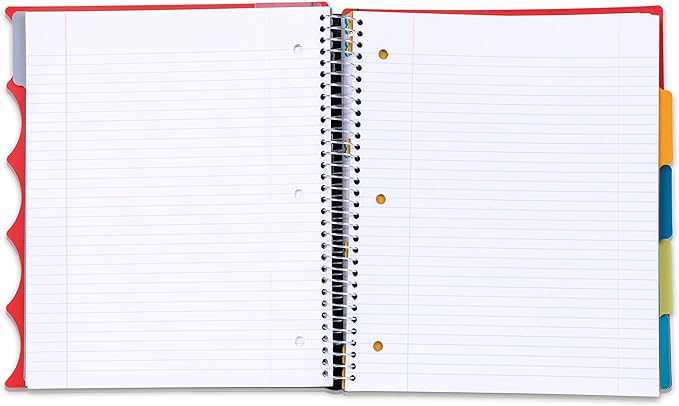 Mintra Office Durable PREMIUM Spiral Notebook, ((Red, 5 Subject, 8.5in x 11in)), Fabric Covered Coils, No Snags, Removable Adjustable Pocket Dividers, Ruler, Organization, Customizable