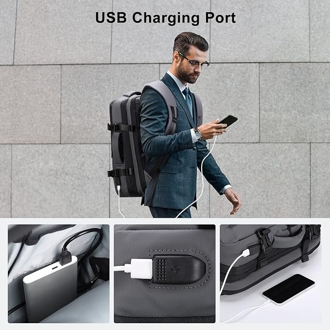 HOMIEE Carry on Backpack Extra Large Travel Bag, Expandable Hand Luggage Suitcase Anti-Theft Business Backpack, Water Resistant Lightweight Weekender Bag, Grey