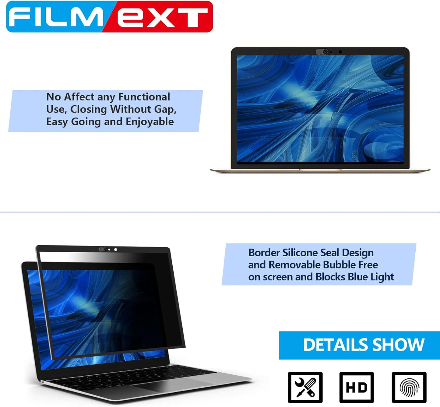 MacBook Privacy Screen Protector - Removable HD Filter, Bubble-Free, Webcam Cover for MacBook Pro 13