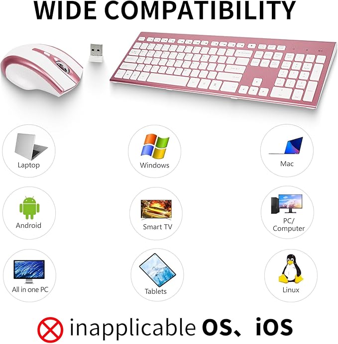 Wireless Keyboard and Mouse Combo 17inch Full Size 2.4G USB Ergonomic Slim Wireless Keyboard for PC Laptop Tablet Desktop Computer Windows Pink (Rose Gold)