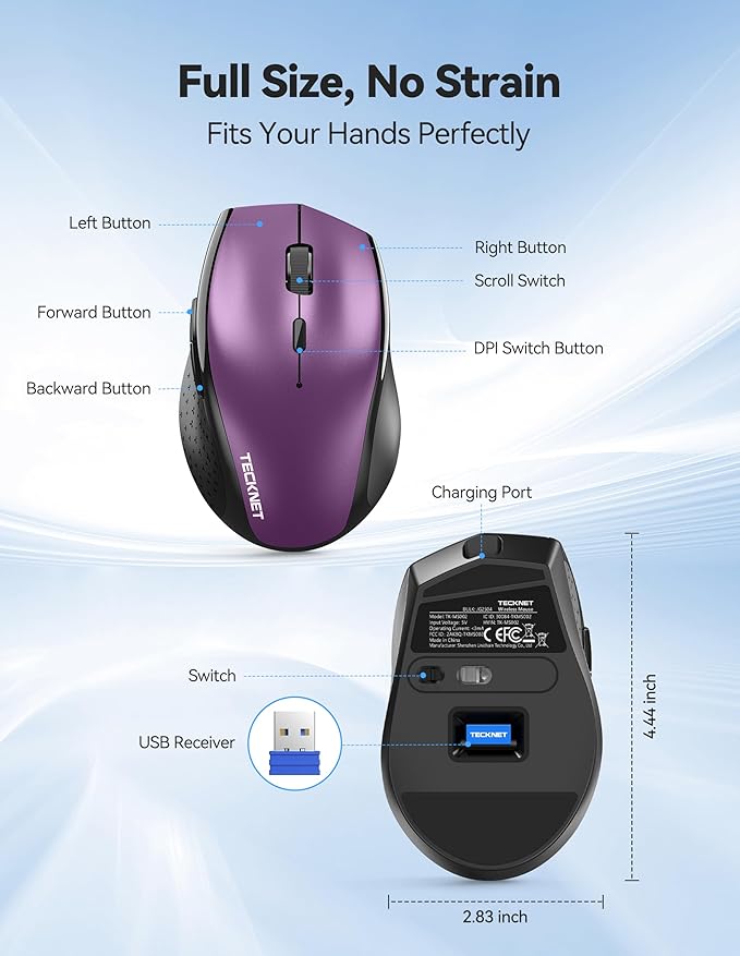 TECKNET PRO Rechargeable Wireless Mouse, Silent Click, 800mAh Long Battery Life, 6 Adjustable 6400 DPI, Cordless Computer Mouse, 6 Button Ergonomic Mouse for PC Mac Chromebook - Purple