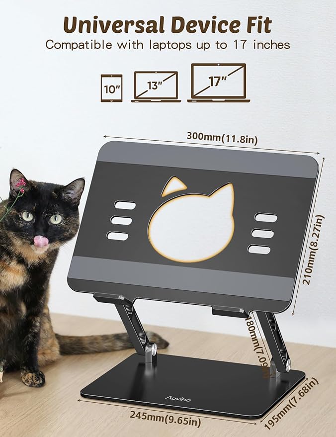 Laptop Stand for Desk – Portable Adjustable Laptop Riser & Holder, Foldable Computer Stand Compatible with MacBook Air Pro, Dell, HP, Lenovo (10"-17.3"), Featuring Cat Panel Design, Black