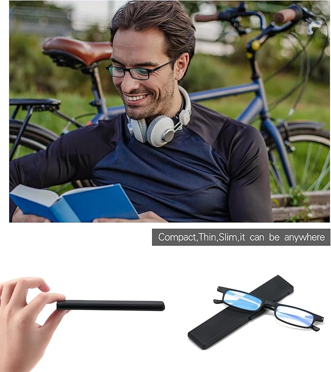 Ultra thin Lightweight Folding Reading Glasses Women Men TR90 Blue Light Blocking Anti UV/Eyestrain Foldable Compact Computer Readers Portable Unique Stretchable Slim Flat case Black +2.5