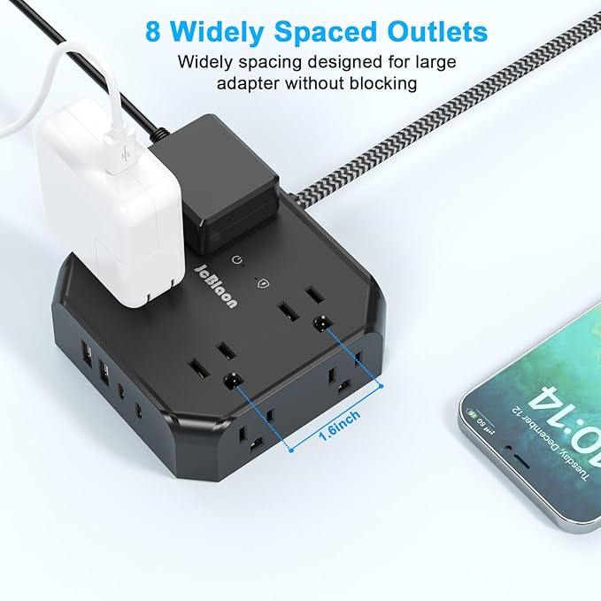 Power Strip Surge Protector - 8 Outlets with 4 USB (2 USB C) Charging Ports,JcBlaon Multi Ultra Thin Flat Plug Outlet Adapter with 5Ft Braided Extension Cord for Home, Office, Dorm,Travel Essentials