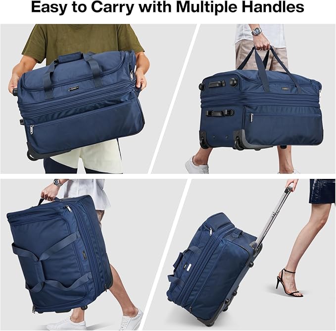 Hanke Large Expandable checked Luggage Suitcases with Wheels Foldable Duffle Bag for Travel suitcase for Women Men Garment Bag（Blue）