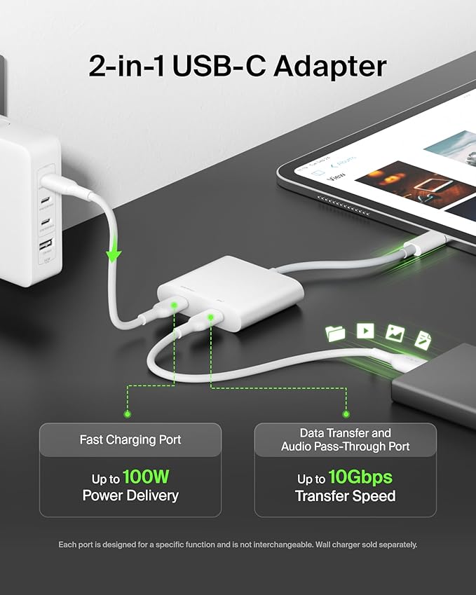 Belkin USB C Splitter - Dual Port Hub - 1 x USB-C 3.2 Gen2 Port & 1 x 100W PD Port - Simultaneous Data Transfer & iPhone Charger Fast Charging - Apple iPhone 17, iPad, Nintendo Switch 2 & More - White