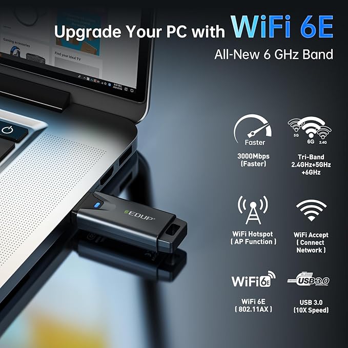 EDUP Mini USB 3.0 WiFi 6E Adapter for PC, AXE3000, 802.11ax, Tri-Band 6GHz/5GHz/2.4GHz, USB Wi-Fi Dongle Wireless Network Card, Support Windows 11/10 (Install Driver) & Linux (Plug and Play)