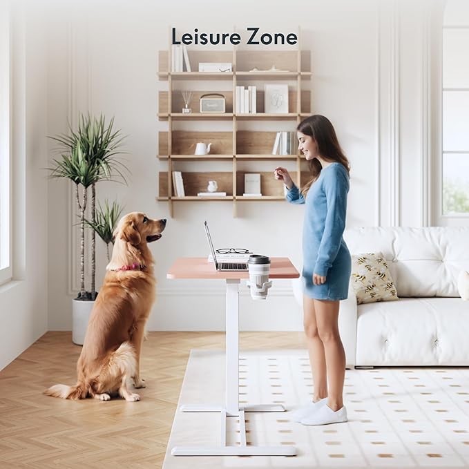 FLEXISPOT H7 Adjustable Overbed Bedside Table with Wheels Pneumatic Mobile Standing Desk Laptop Desk Rolling Computer Cart Movable Overbed Table Hospital Home Use(27.6" W x 15.7" D, Pink)