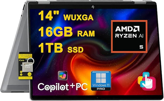 HP OmniBook X Flip 2-in-1 Laptop 14" WUXGA IPS Touch (400nits) AMD 6-core Ryzen AI 5 340 (Up to 50 Tops) 16GB RAM 1TB SSD for Creator Designer Business Professional Win11Pro ICP Hub/Copilot+ AI PC