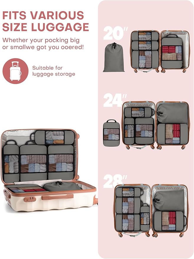 6 PCS Set Compression Packing Cubes for Travel, Lightweight Packing Organizer Bags Travel Essentials for Carry On, Suitcase, Home Closet - Grey