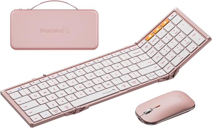 ProtoArc Foldable Keyboard and Mouse, XKM01 True Full-Size Folding Wireless Keyboard Mouse Combo for Business Travel, a Portable Office Suite On-The-Go, Compatible with Laptop iPad Tablet - Pink
