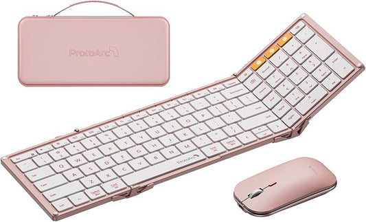 ProtoArc Foldable Keyboard and Mouse, XKM01 True Full-Size Folding Wireless Keyboard Mouse Combo for Business Travel, a Portable Office Suite On-The-Go, Compatible with Laptop iPad Tablet - Pink