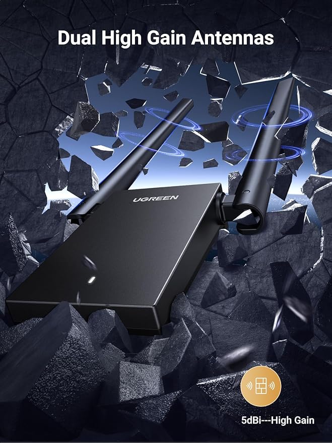 UGREEN WiFi Adapter, AX1800 WiFi 6 Adapter for Desktop PC with Dual 5dBi High Gain Antennas, 5G/2.4G Dual Band, WAP3-SAE, 3FT USB 3.0 to Micro USB 3.0 Cable, WiFi Dongle Supports Windows 10/11