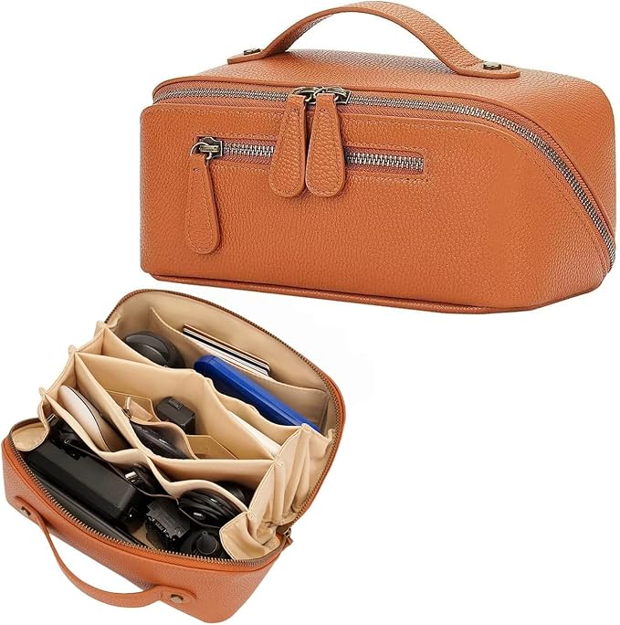 Electronic Organizer Travel Case, Portable Waterproof PU Leather Tech Pouch, Accessories Storage Bag, Compact Travel Cord Organizer for Cable, Charger, Phone, Earbuds (Brown Tech Pouch 2L)