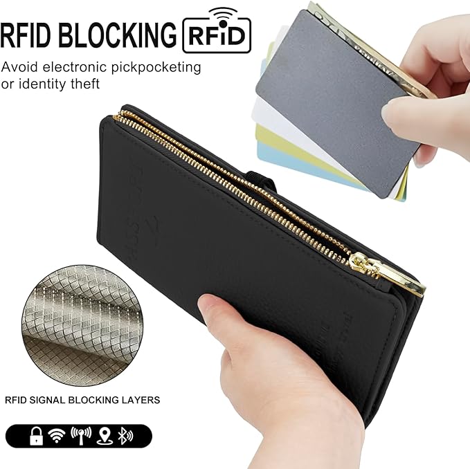 DOB SECHS Passport Holder for Travel Women Leather Passport Wallet RFID Blocking Passport Cover Case with Card Slots, Slim Travel Document Organizer Pouch Bag Zipper Cash Pocket Purse+ID Window, Black