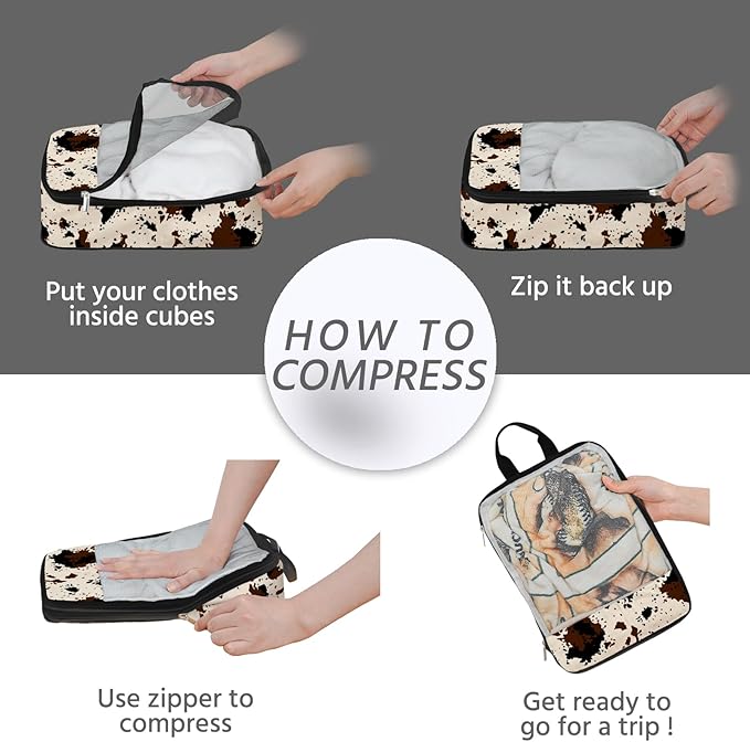 7 Pcs Compression Packing Cubes for Travel, Waterproof Suitcase Luggage Backpack Organizer with Toiletry Bag Travel Essentials for Women/Men-Cow Print