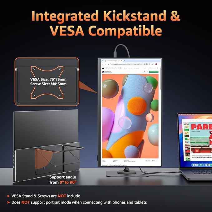 Portable Monitor 18.5 inch 1080P FHD 128% sRGB 100Hz, Travel Monitor for Laptop MacBook Surface PC Xbox PS5, HDMI Dual USB-C VESA Compatible Built-in Speaker, with Kickstand